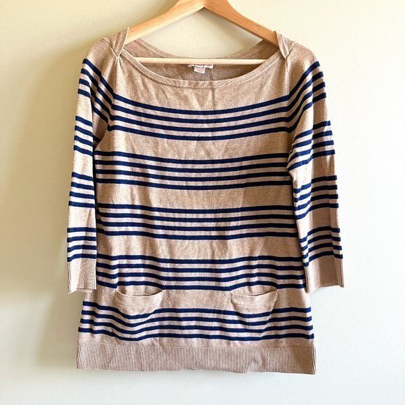 Ann Taylor LOFT Boat Neck brown striped 3/4 sleeve‎ pullover sweater pocket Sz M - Picture 1 of 5